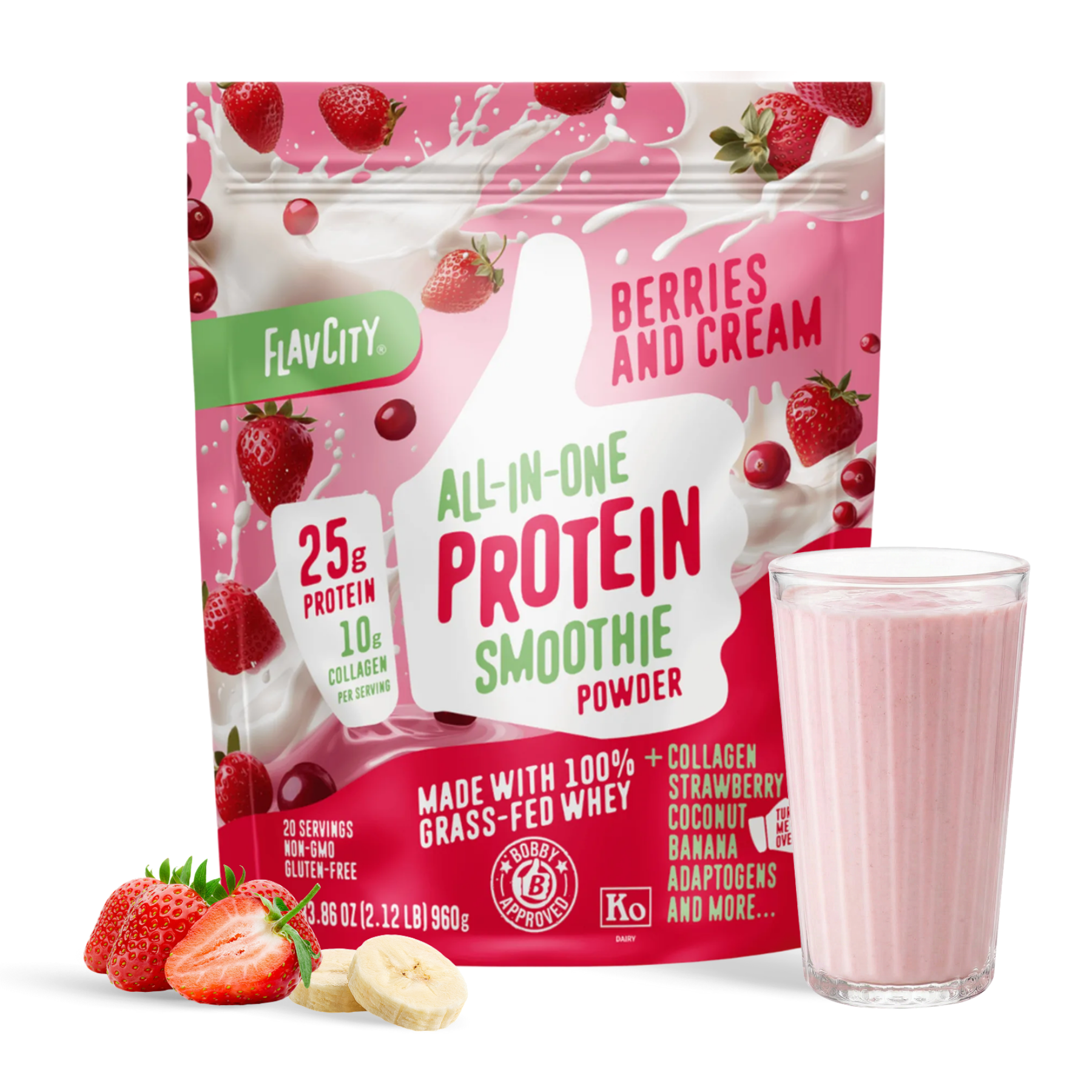 A bag of Shop FlavCity Berries & Cream Protein Smoothie sits next to a glass of pink smoothie, sliced strawberries, and banana on a white surface.