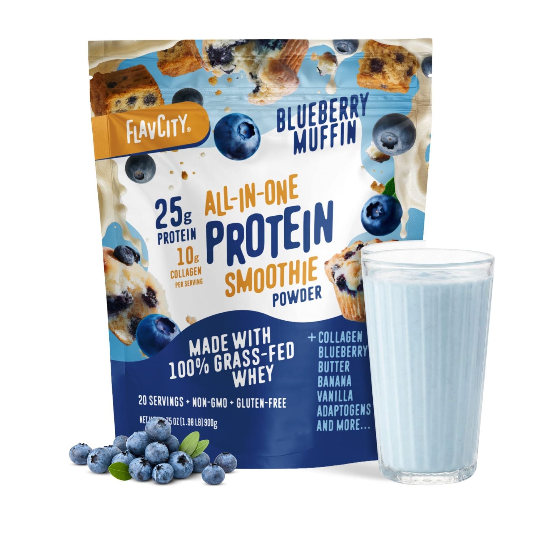A bag of Shop FlavCity Blueberry Muffin Protein Smoothie stands behind a glass of blue smoothie, with fresh blueberries in front. The bag features grass-fed whey protein, collagen, and natural ingredients.