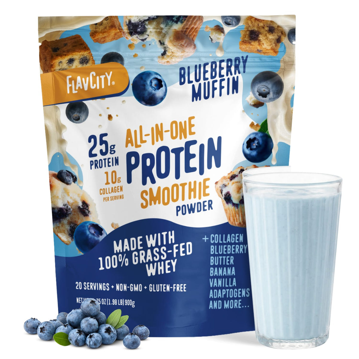 A bag of Shop FlavCity Blueberry Muffin Protein Smoothie stands behind a glass of blue smoothie, with fresh blueberries in front. The bag features grass-fed whey protein, collagen, and natural ingredients.