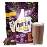 A package of Shop FlavCity Brownie Batter Protein Smoothie is shown with a glass of chocolate smoothie and two brownie pieces, highlighting 25g protein, 1g collagen, and grass-fed whey for a tasty, nutritious treat.