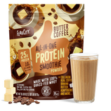 A bag of Shop FlavCity Butter Coffee Protein Smoothie stands behind a glass filled with a rich brown smoothie. Coffee beans and cubes of butter are artfully arranged in front, highlighting this delicious protein smoothie blend.