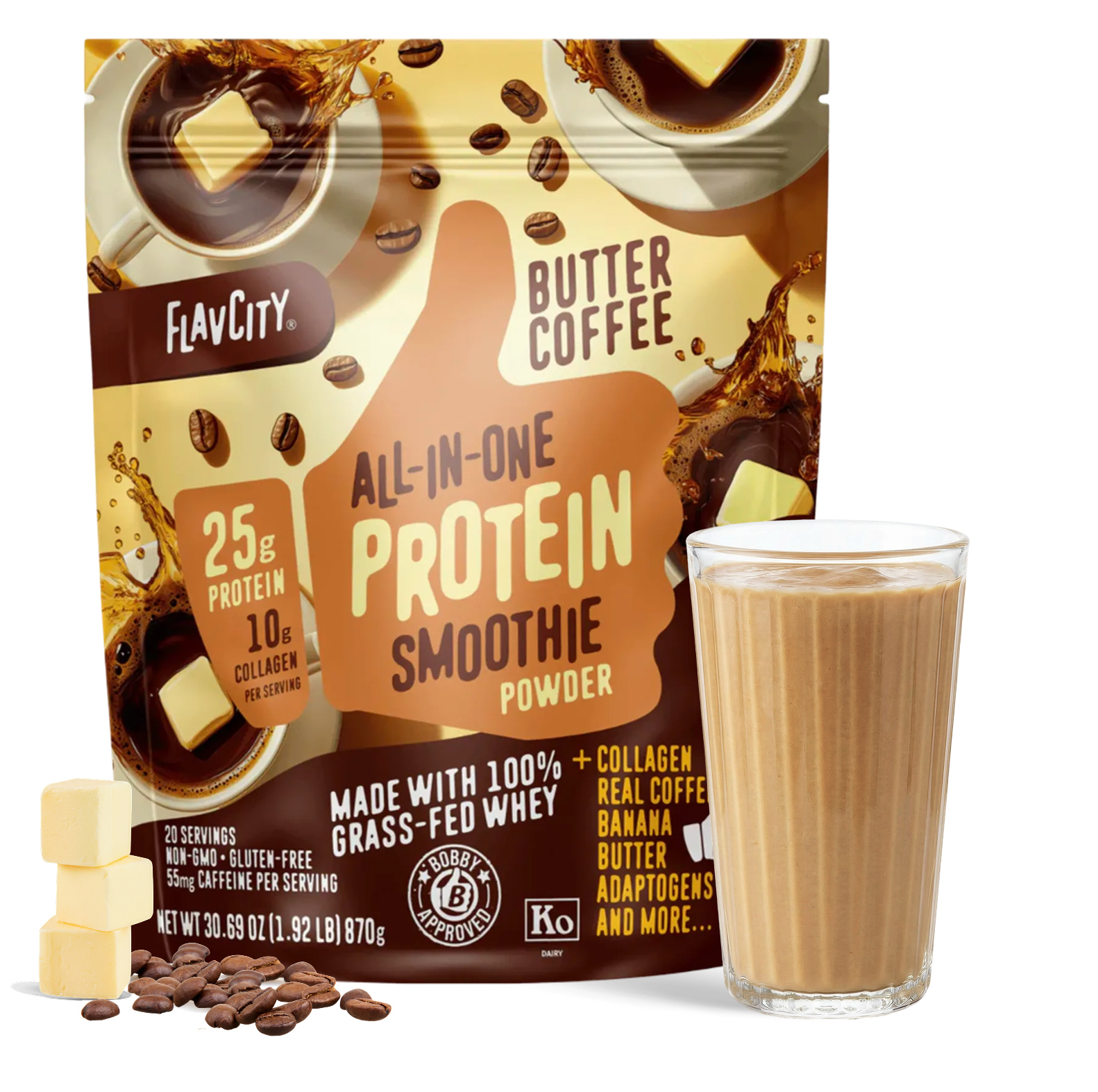 A bag of Shop FlavCity Butter Coffee Protein Smoothie stands behind a glass filled with a rich brown smoothie. Coffee beans and cubes of butter are artfully arranged in front, highlighting this delicious protein smoothie blend.