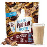 A package of Shop FlavCity Chocolate Peanut Butter Protein Smoothie is displayed beside a glass of smoothie, chocolate pieces, and peanuts, highlighting 25g grass-fed whey protein and 10g collagen protein per serving.