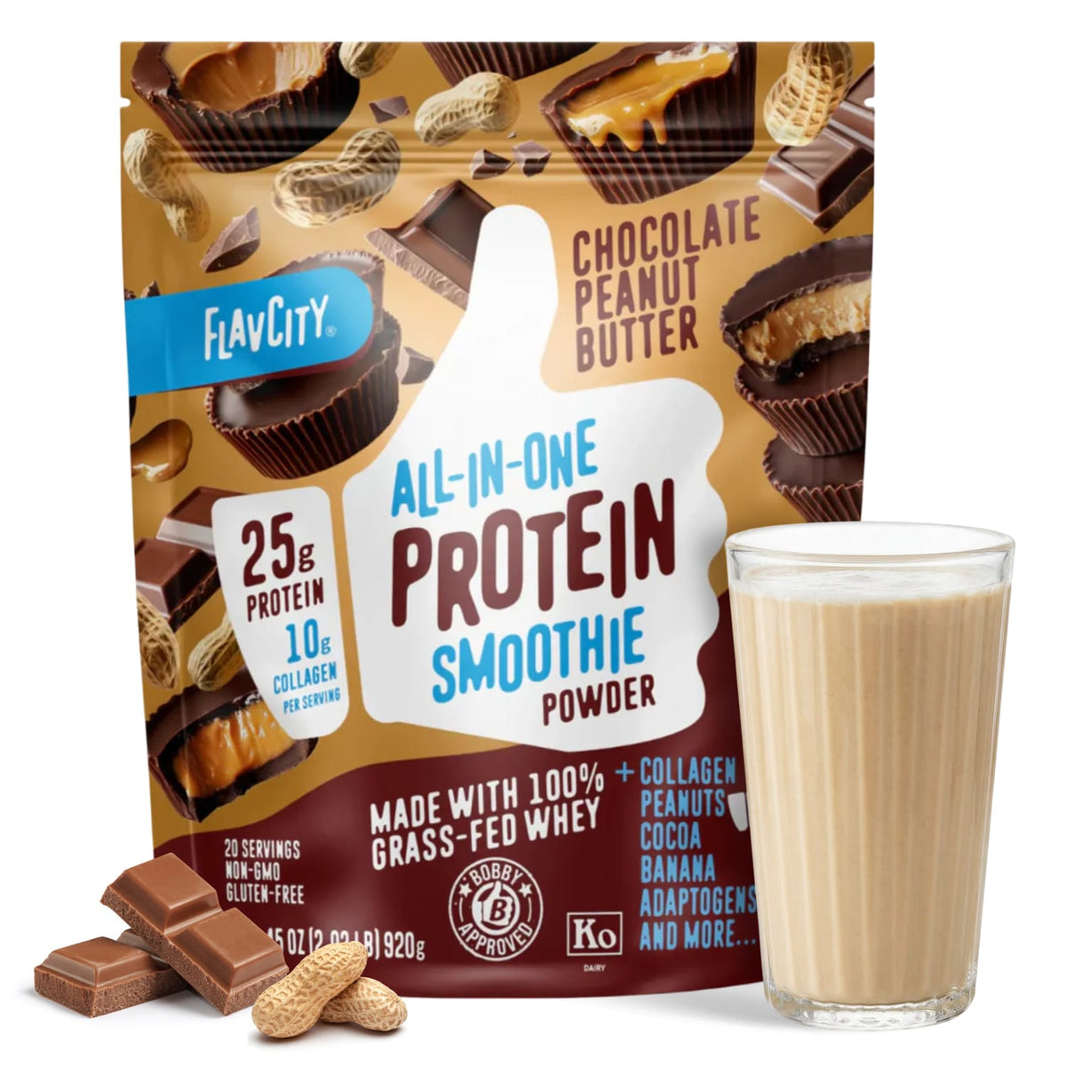 A package of Shop FlavCity Chocolate Peanut Butter Protein Smoothie is displayed beside a glass of smoothie, chocolate pieces, and peanuts, highlighting 25g grass-fed whey protein and 10g collagen protein per serving.