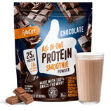 A bag of Shop FlavCity Chocolate Protein Smoothie is displayed alongside a glass of prepared chocolate protein smoothie and pieces of chocolate. The packaging highlights 25g protein, 10g collagen, and ingredients such as cocoa, banana, and grass-fed whey.