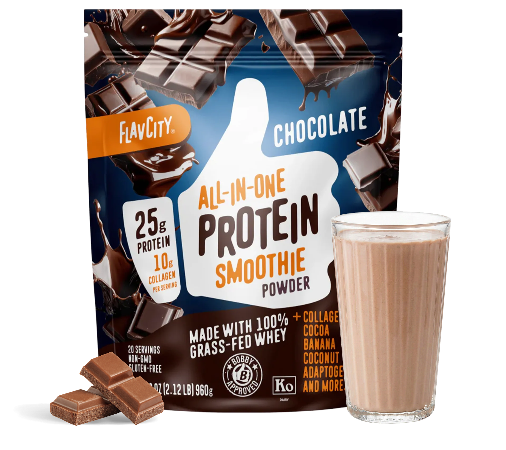 A bag of Shop FlavCity Chocolate Protein Smoothie is displayed alongside a glass of prepared chocolate protein smoothie and pieces of chocolate. The packaging highlights 25g protein, 10g collagen, and ingredients such as cocoa, banana, and grass-fed whey.