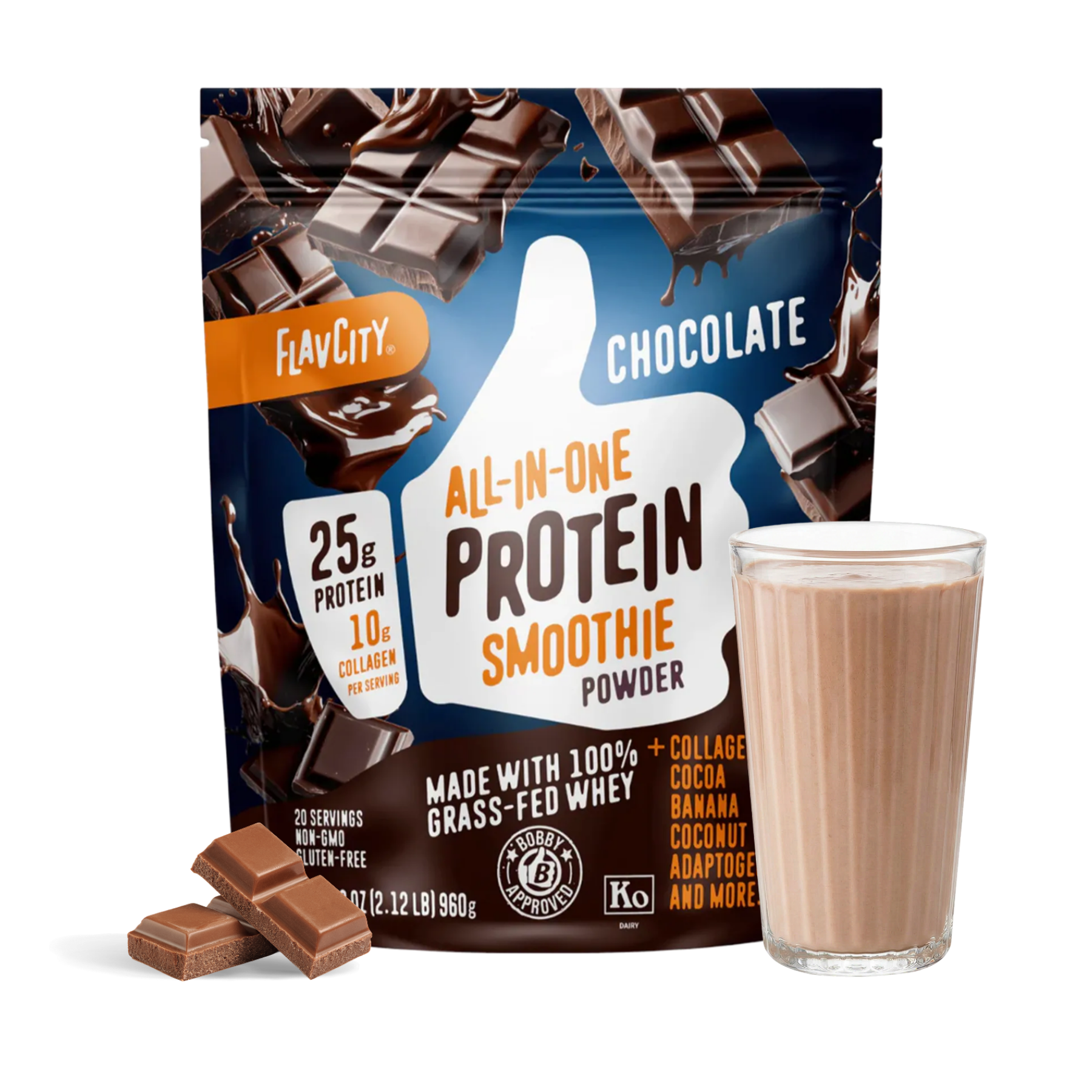 A bag of Shop FlavCity Chocolate Protein Smoothie is displayed alongside a glass of prepared chocolate protein smoothie and pieces of chocolate. The packaging highlights 25g protein, 10g collagen, and ingredients such as cocoa, banana, and grass-fed whey.