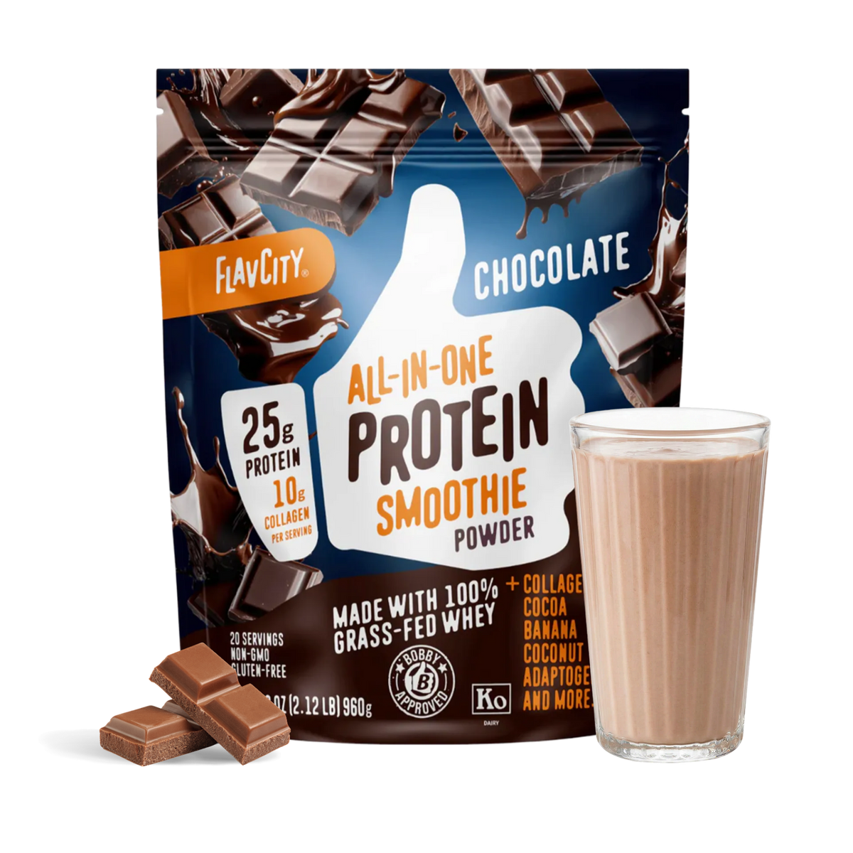 A bag of Shop FlavCity Chocolate Protein Smoothie is displayed alongside a glass of prepared chocolate protein smoothie and pieces of chocolate. The packaging highlights 25g protein, 10g collagen, and ingredients such as cocoa, banana, and grass-fed whey.