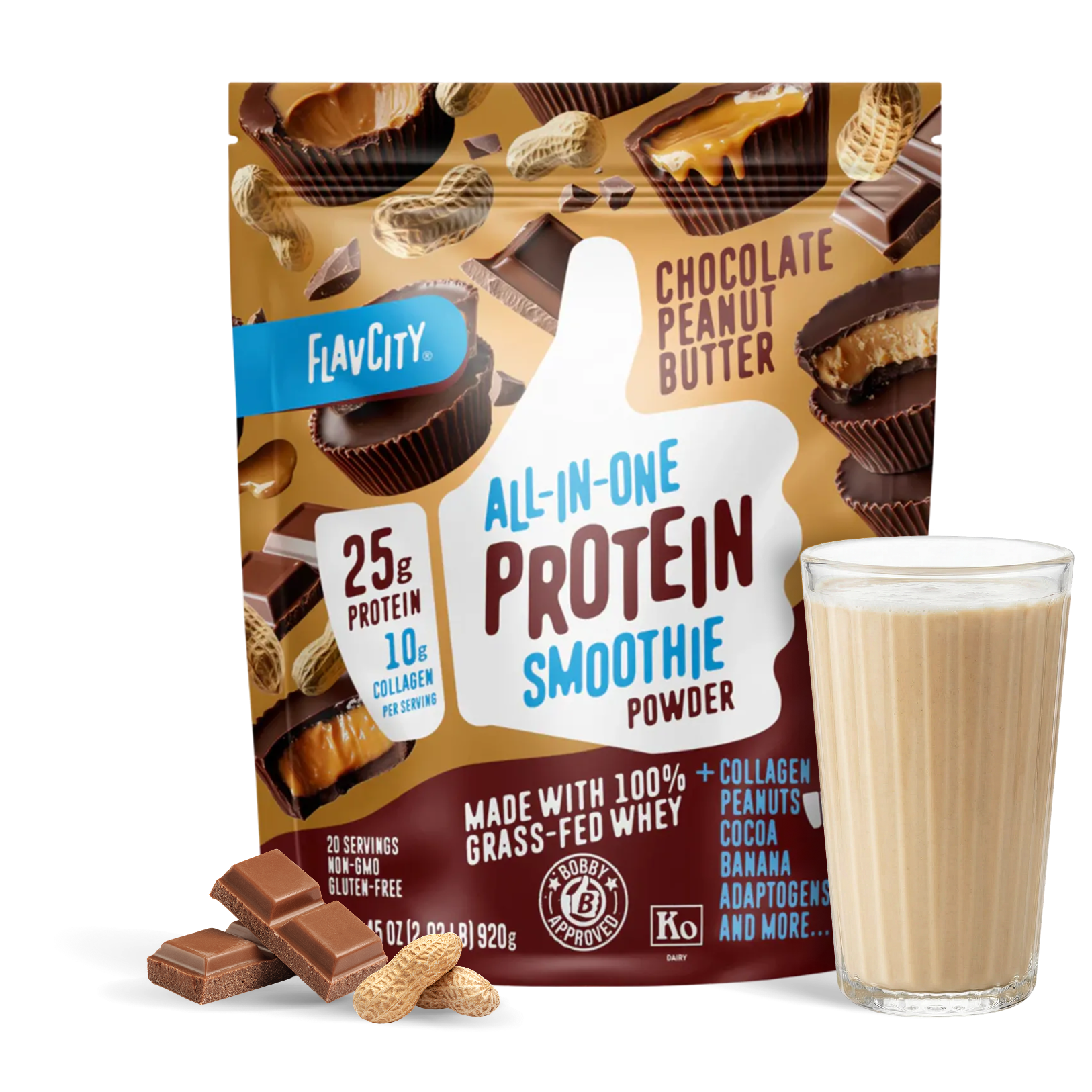 A bag of Shop FlavCity Chocolate Peanut Butter Protein Smoothie is displayed next to a glass of prepared chocolate peanut butter protein smoothie, chocolate pieces, and peanuts. The bag highlights 25g grass-fed whey protein and 10g collagen per serving.
