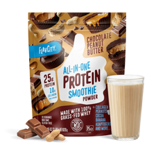 A bag of Shop FlavCity Chocolate Peanut Butter Protein Smoothie is displayed next to a glass of prepared chocolate peanut butter protein smoothie, chocolate pieces, and peanuts. The bag highlights 25g grass-fed whey protein and 10g collagen per serving.