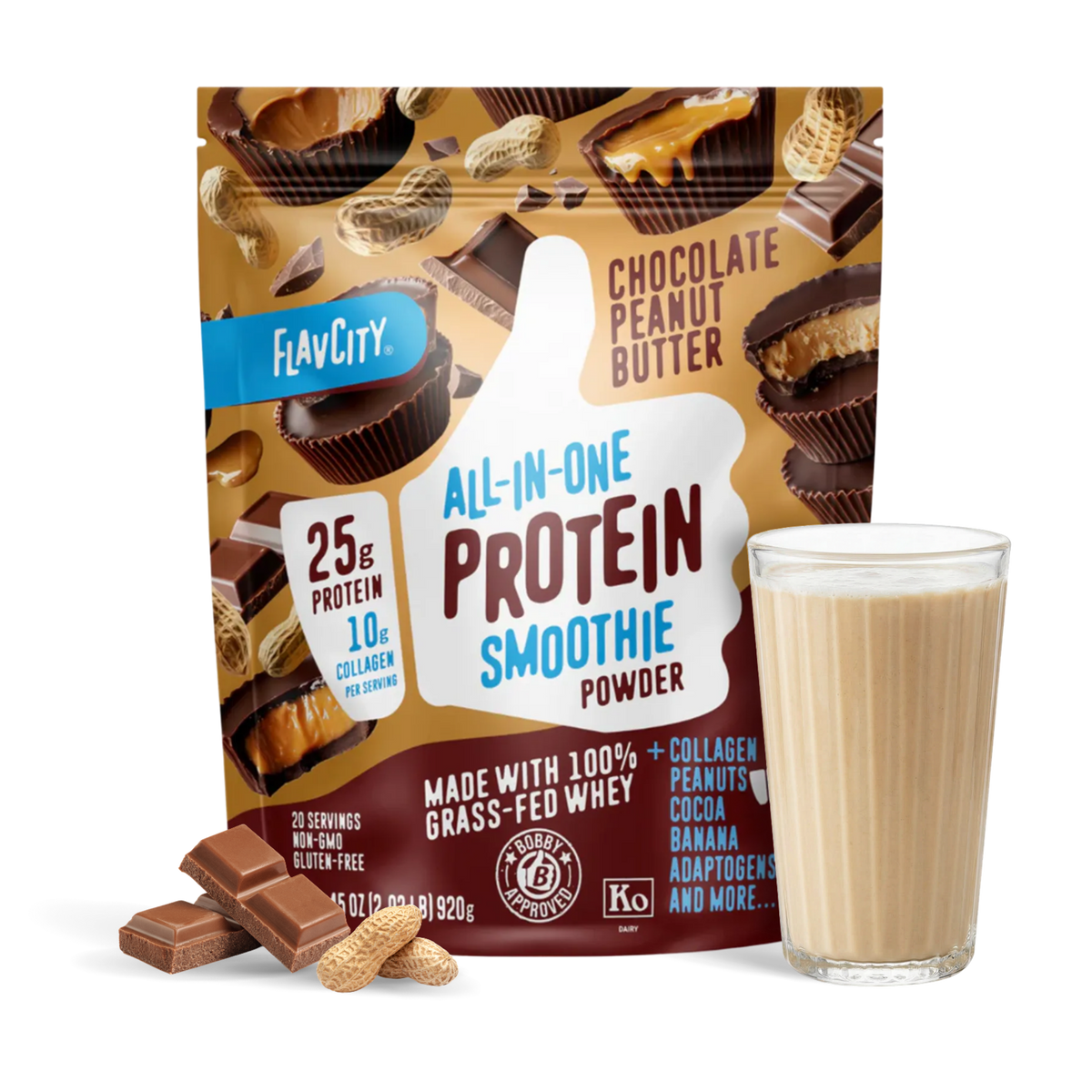 A bag of Shop FlavCity Chocolate Peanut Butter Protein Smoothie is displayed next to a glass of prepared chocolate peanut butter protein smoothie, chocolate pieces, and peanuts. The bag highlights 25g grass-fed whey protein and 10g collagen per serving.