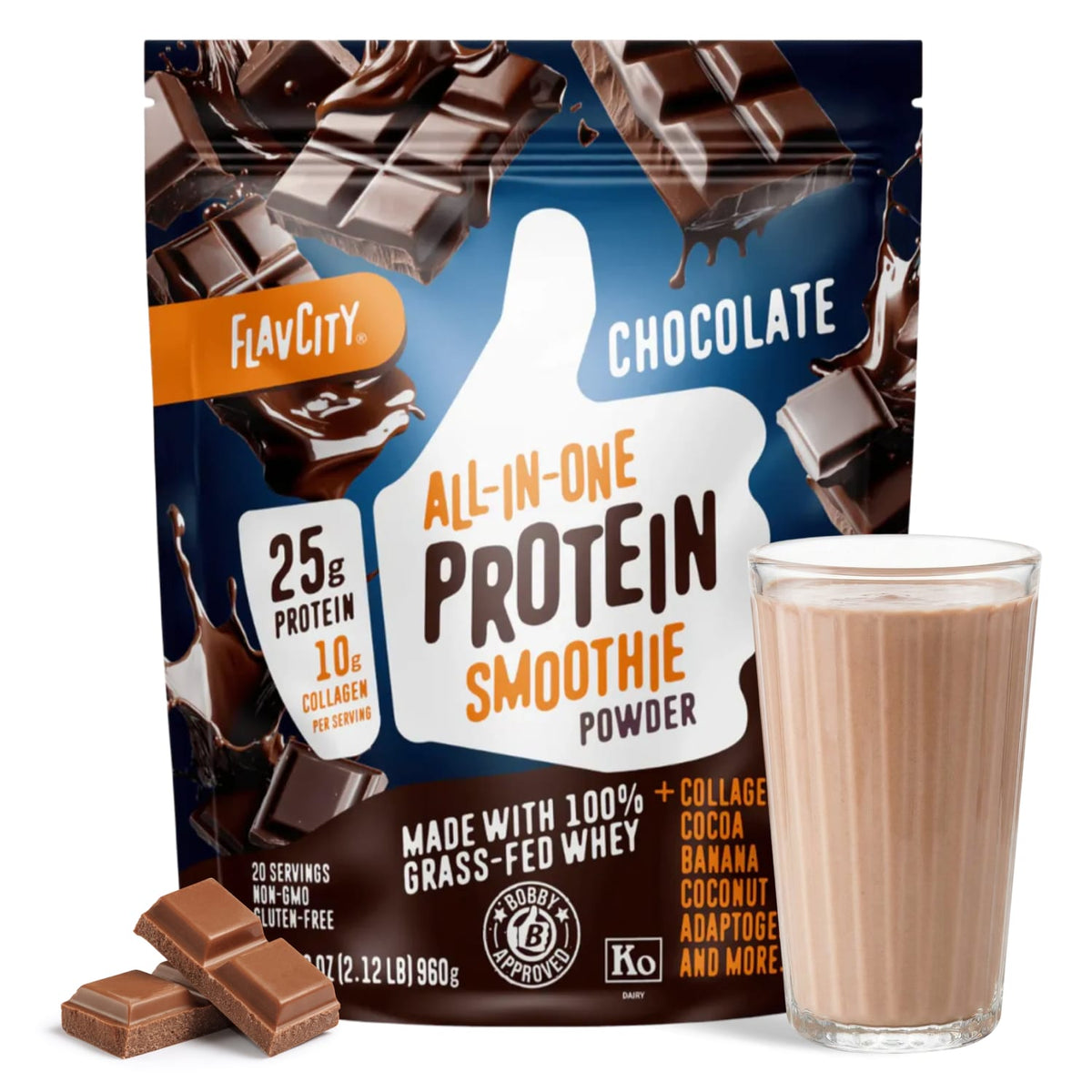 A package of Shop FlavCity Chocolate Protein Smoothie sits behind a glass of chocolate smoothie and chocolate pieces, emphasizing 25g collagen protein, 10g collagen, grass-fed whey, and natural ingredients on its packaging.