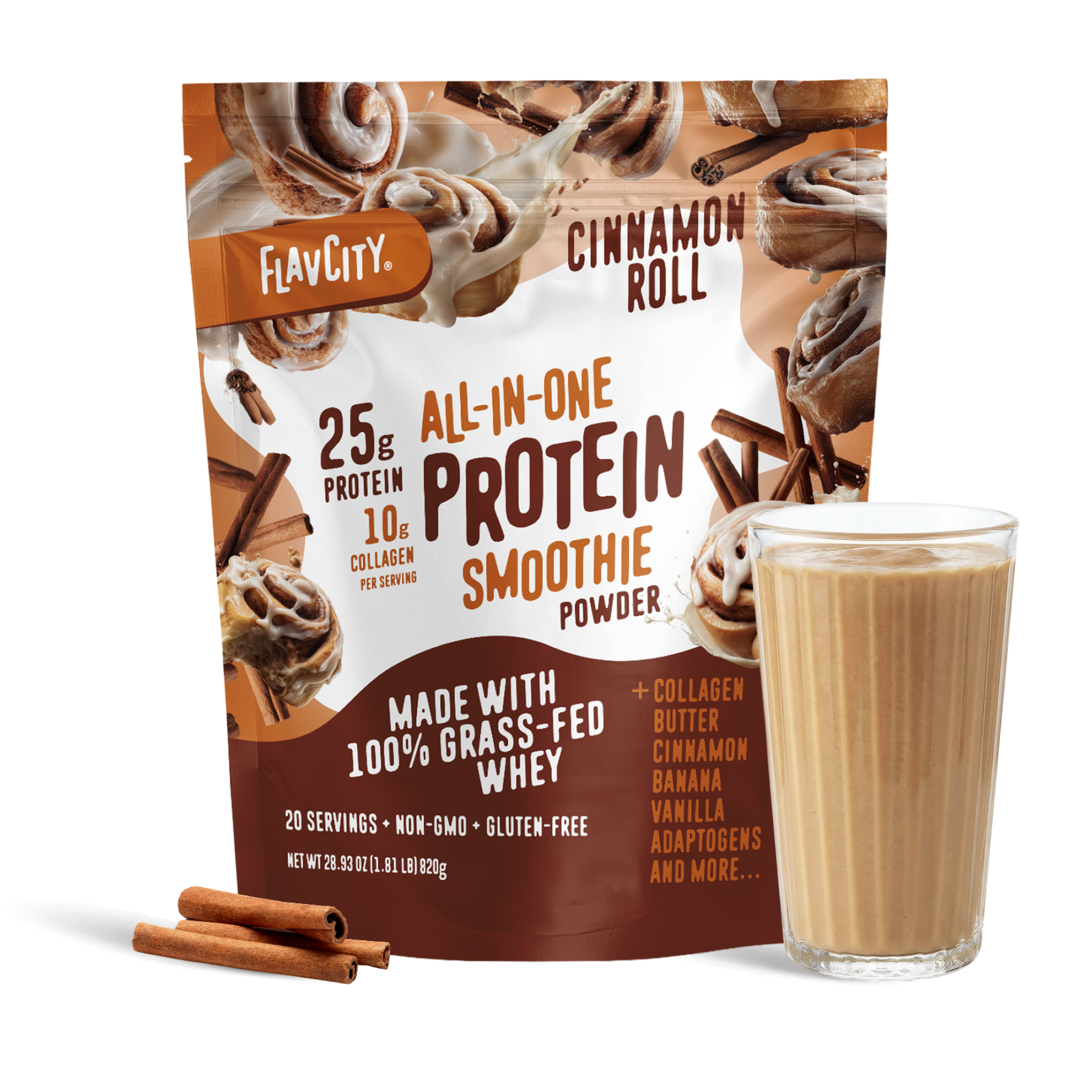 A bag of Shop FlavCity Cinnamon Roll Protein Smoothie stands behind a glass of smoothie and two cinnamon sticks, with images of cinnamon rolls and cinnamon sticks on the packaging.