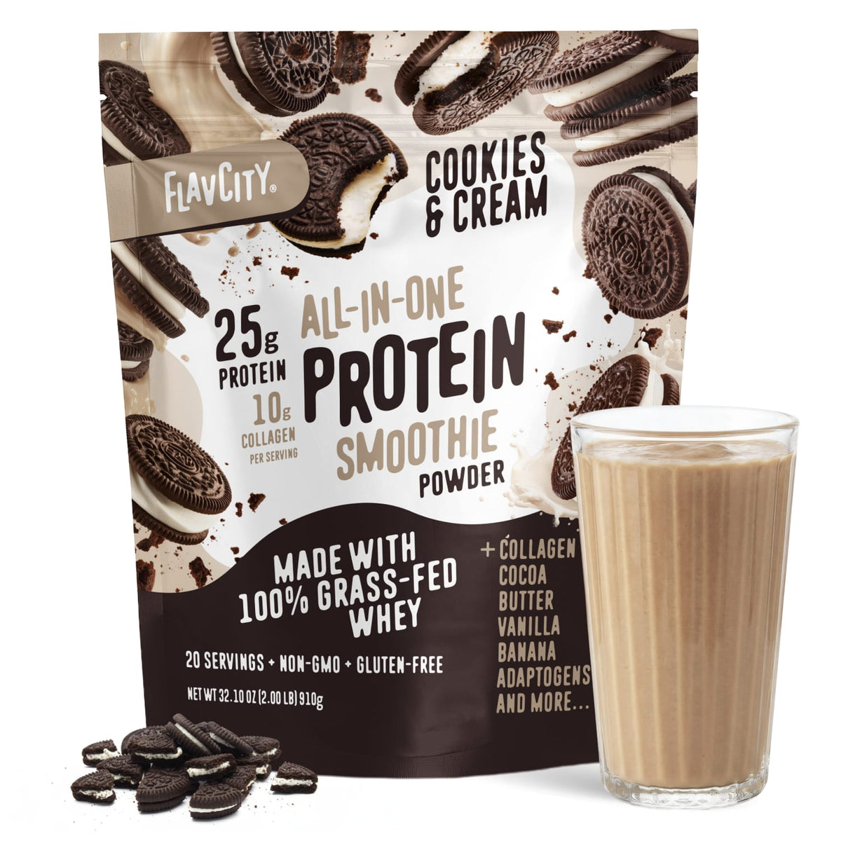 A bag of Shop FlavCity Cookies & Cream Protein Smoothie stands behind a glass of the high protein drink, surrounded by cookie pieces. The packaging showcases its protein, collagen, and key ingredients.