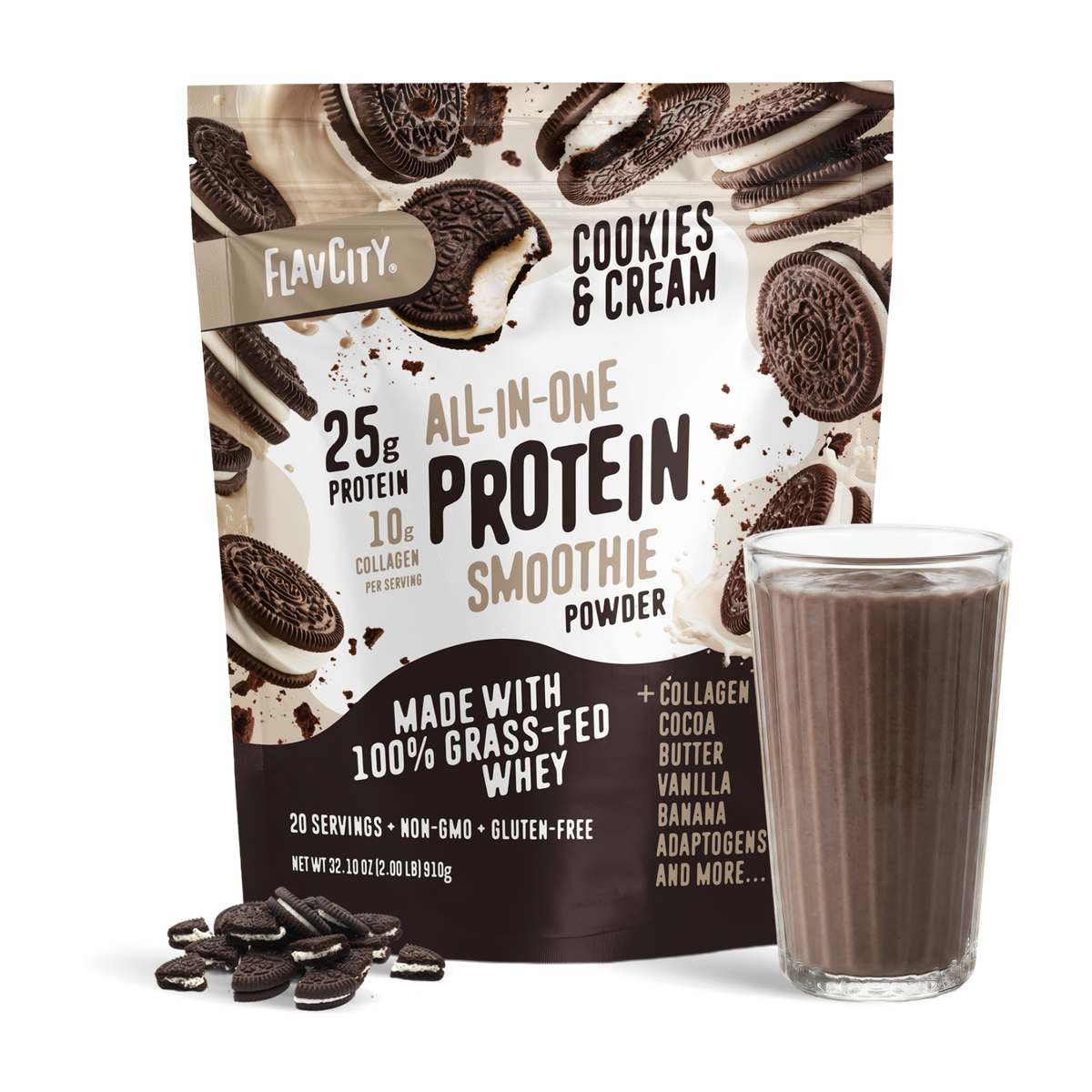 A bag of Shop FlavCity Cookies & Cream Protein Smoothie stands behind a glass of chocolate smoothie and some cookies scattered on a white surface.