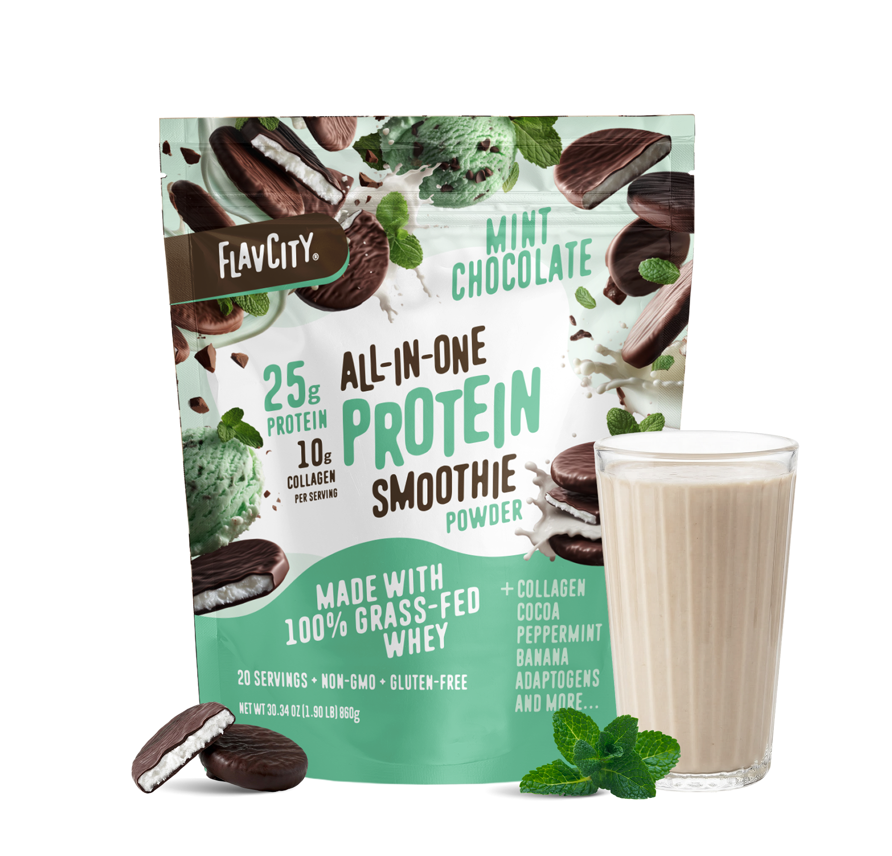 A pouch of Shop FlavCity Mint Chocolate Protein Smoothie stands behind a filled glass, with mint leaves and chocolate pieces nearby on a white background.