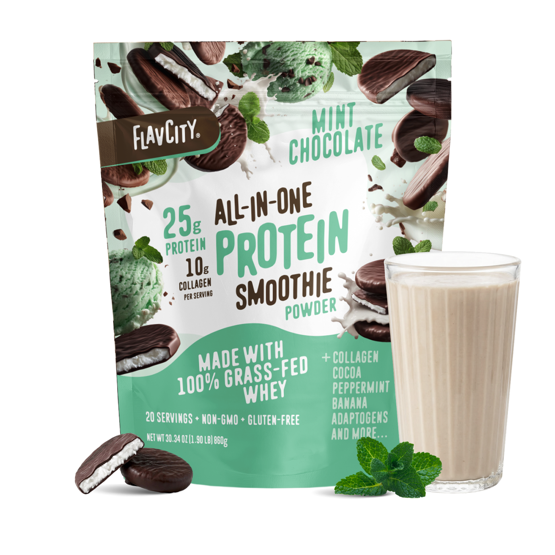 A pouch of Shop FlavCity Mint Chocolate Protein Smoothie stands behind a filled glass, with mint leaves and chocolate pieces nearby on a white background.