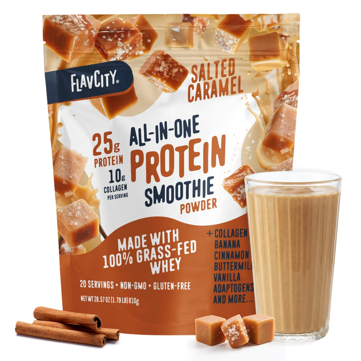 A bag of Shop FlavCity Salted Caramel Protein Smoothie stands behind a glass of caramel-colored smoothie, with caramel pieces and cinnamon sticks arranged beside them.