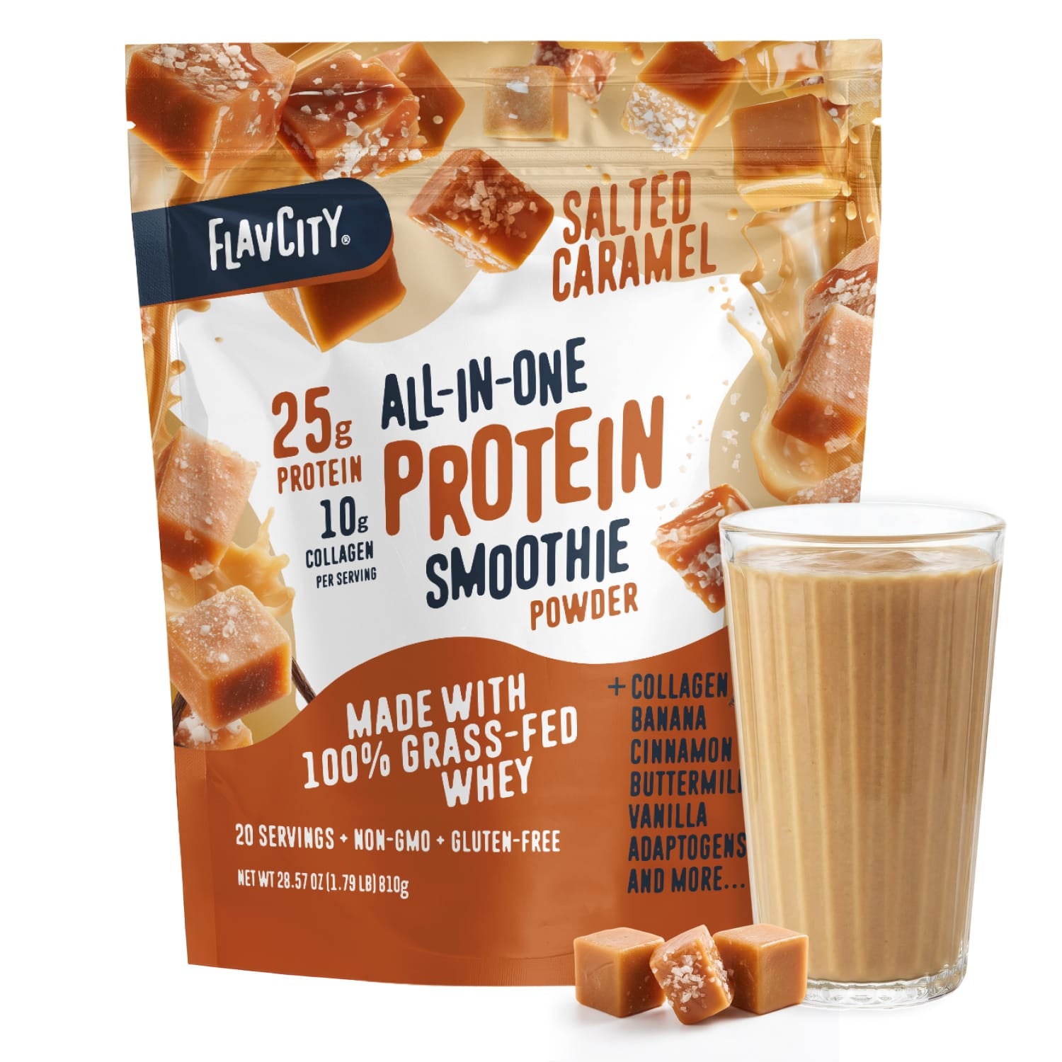 A bag of Shop FlavCity Salted Caramel Protein Smoothie sits next to a glass of collagen smoothie and caramel candies, with packaging that highlights grass-fed whey protein, collagen, and natural ingredients.