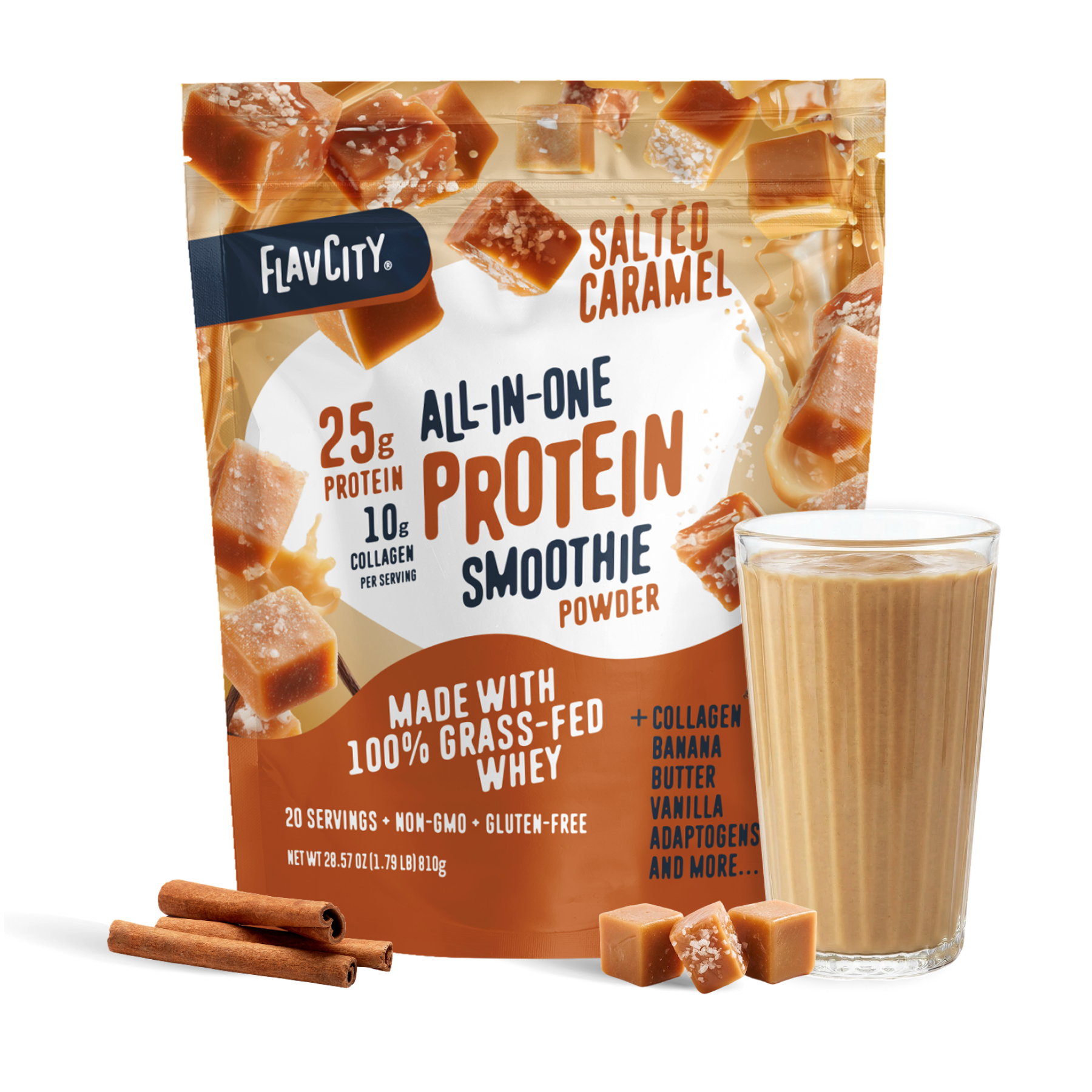 A bag of Shop FlavCity Salted Caramel Protein Smoothie stands behind a glass of the creamy salted caramel drink. Cinnamon sticks and caramel pieces are placed nearby, while the packaging showcases its protein, collagen, and featured ingredients.