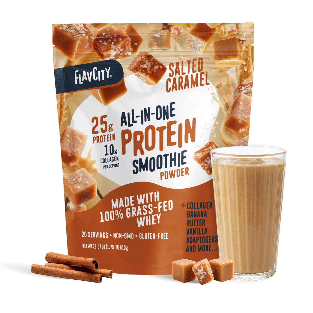 A bag of Shop FlavCity Salted Caramel Protein Smoothie stands behind a glass of the creamy salted caramel drink. Cinnamon sticks and caramel pieces are placed nearby, while the packaging showcases its protein, collagen, and featured ingredients.