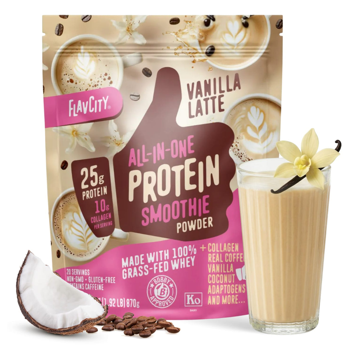 A package of Shop FlavCity Vanilla Latte Protein Smoothie is shown with a smoothie glass, vanilla flower, coffee beans, and coconut. The package highlights its grass-fed whey and collagen protein content.