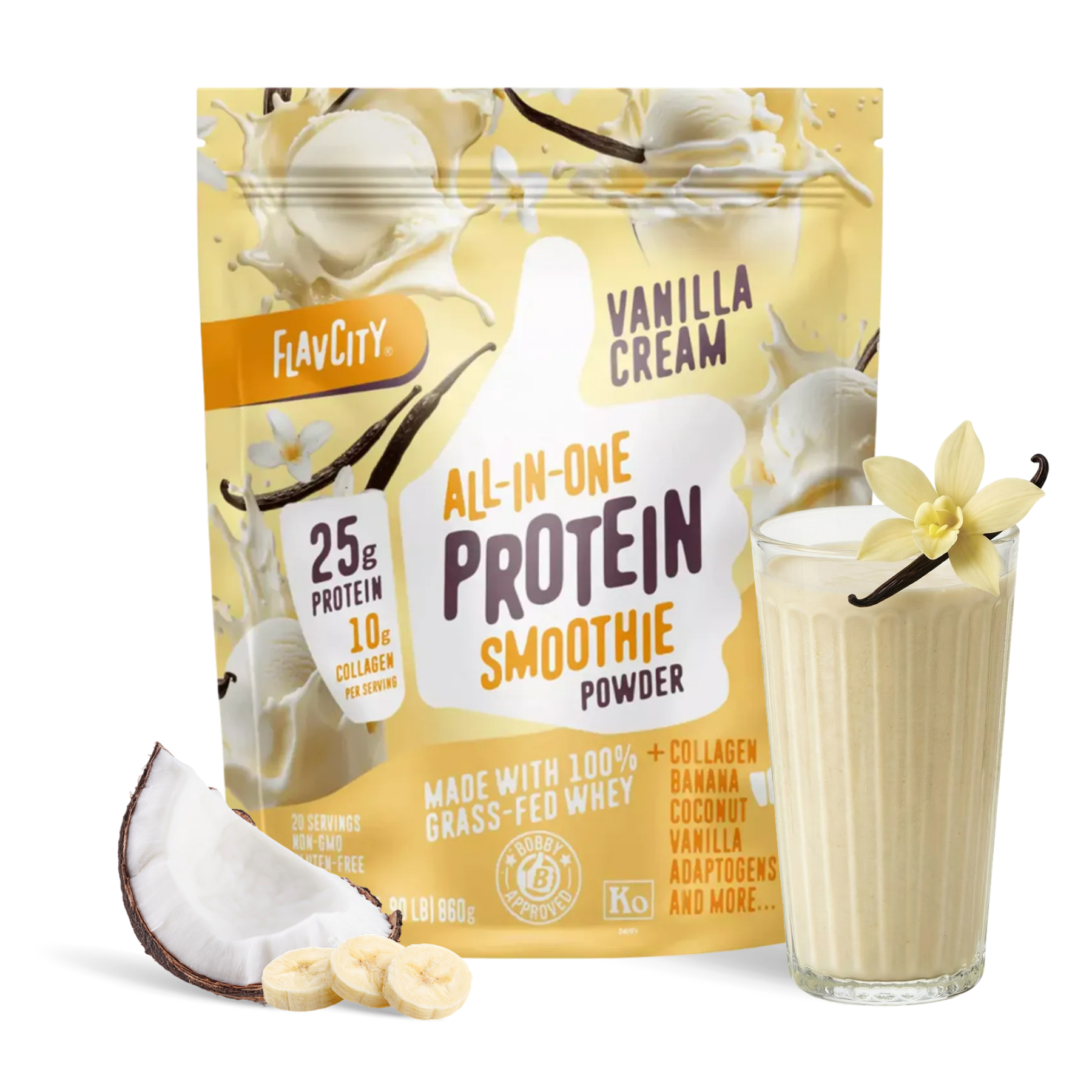 A pouch of Shop FlavCity Vanilla Cream Protein Smoothie sits next to a glass of vanilla protein smoothie, banana slices, coconut, and a vanilla flower, highlighting its grass-fed whey content and premium ingredients.