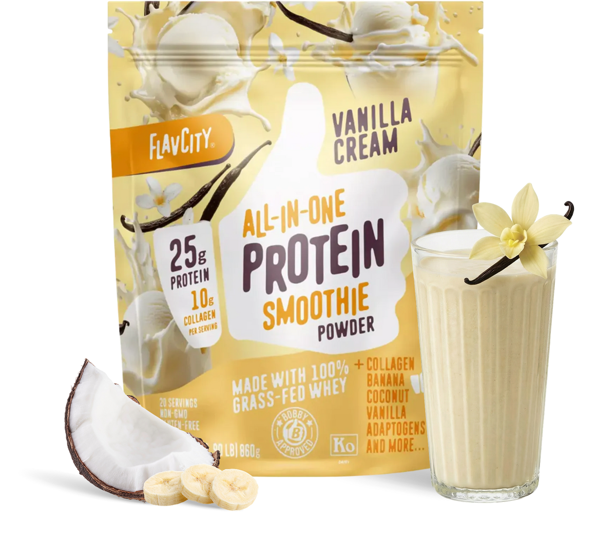 A pouch of Shop FlavCity Vanilla Cream Protein Smoothie sits next to a glass of vanilla protein smoothie, banana slices, coconut, and a vanilla flower, highlighting its grass-fed whey content and premium ingredients.