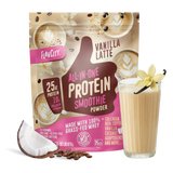 Shop FlavCity Vanilla Latte Protein Smoothie powder with coffee beans, coconut, and a glass of smoothie garnished with a vanilla flower; highlights include 25g protein and collagen per serving from grass-fed whey.