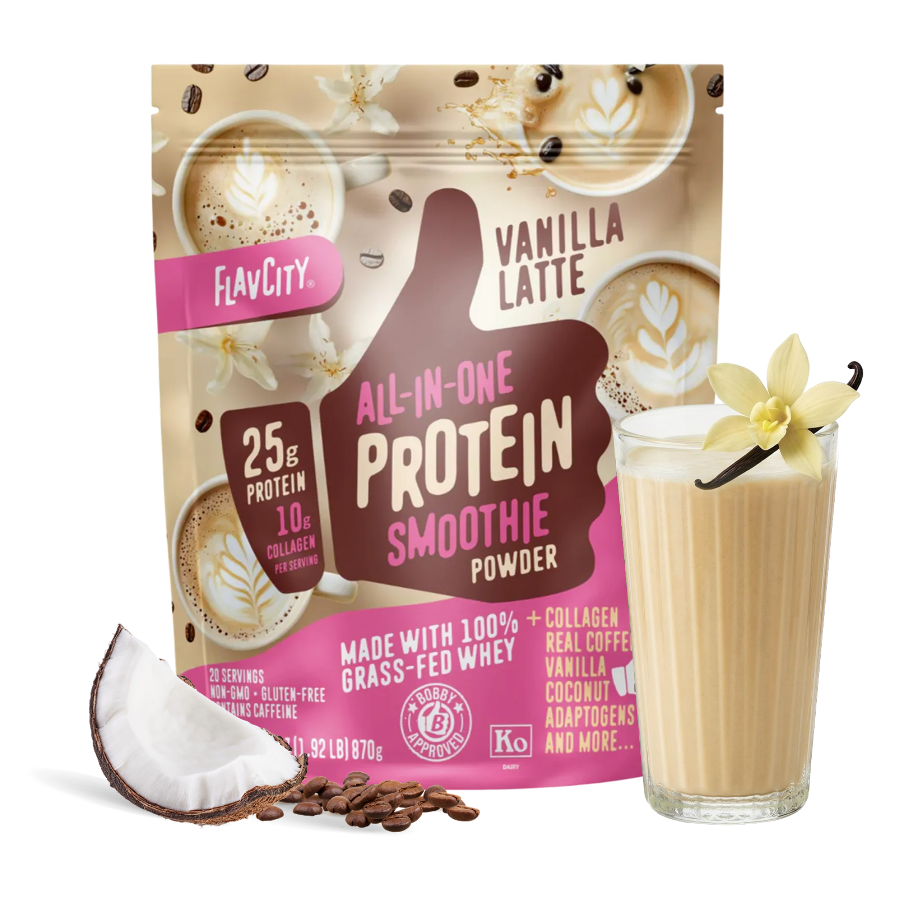 Shop FlavCity Vanilla Latte Protein Smoothie powder with coffee beans, coconut, and a glass of smoothie garnished with a vanilla flower; highlights include 25g protein and collagen per serving from grass-fed whey.