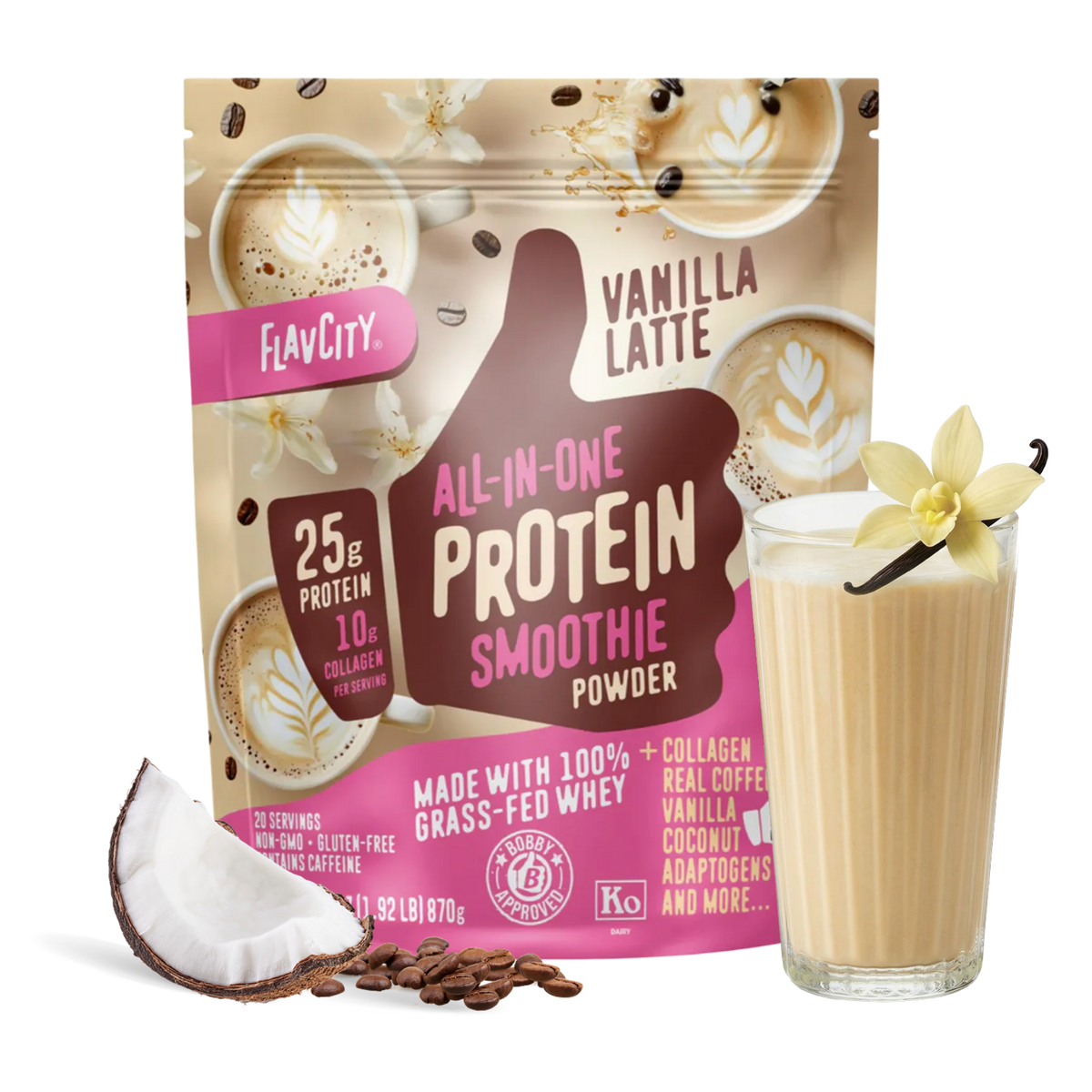 Shop FlavCity Vanilla Latte Protein Smoothie powder with coffee beans, coconut, and a glass of smoothie garnished with a vanilla flower; highlights include 25g protein and collagen per serving from grass-fed whey.