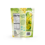 Back of a Shop FlavCity Lemon Lime Electrolyte Mix pouch showing the nutrition facts, ingredients, directions, and an illustration of a glass of lemon-lime water for real fruit hydration.