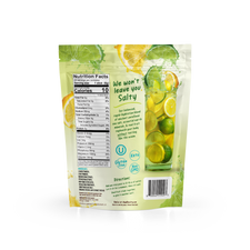 Back of a Shop FlavCity Lemon Lime Electrolyte Mix pouch showing the nutrition facts, ingredients, directions, and an illustration of a glass of lemon-lime water for real fruit hydration.