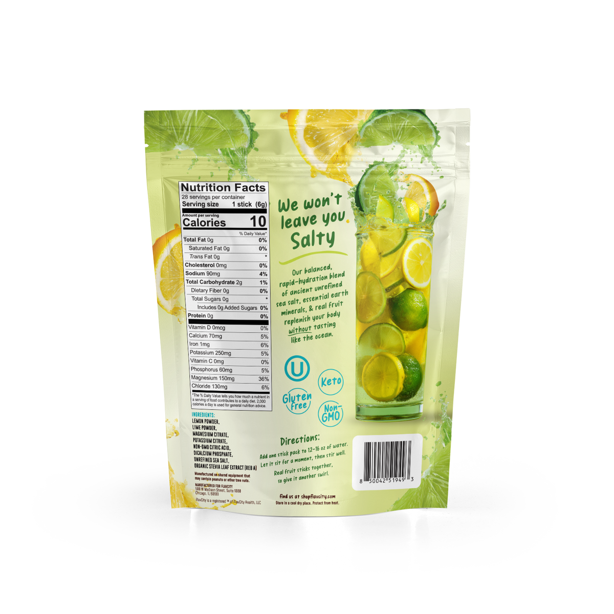Back of a Shop FlavCity Lemon Lime Electrolyte Mix pouch showing the nutrition facts, ingredients, directions, and an illustration of a glass of lemon-lime water for real fruit hydration.