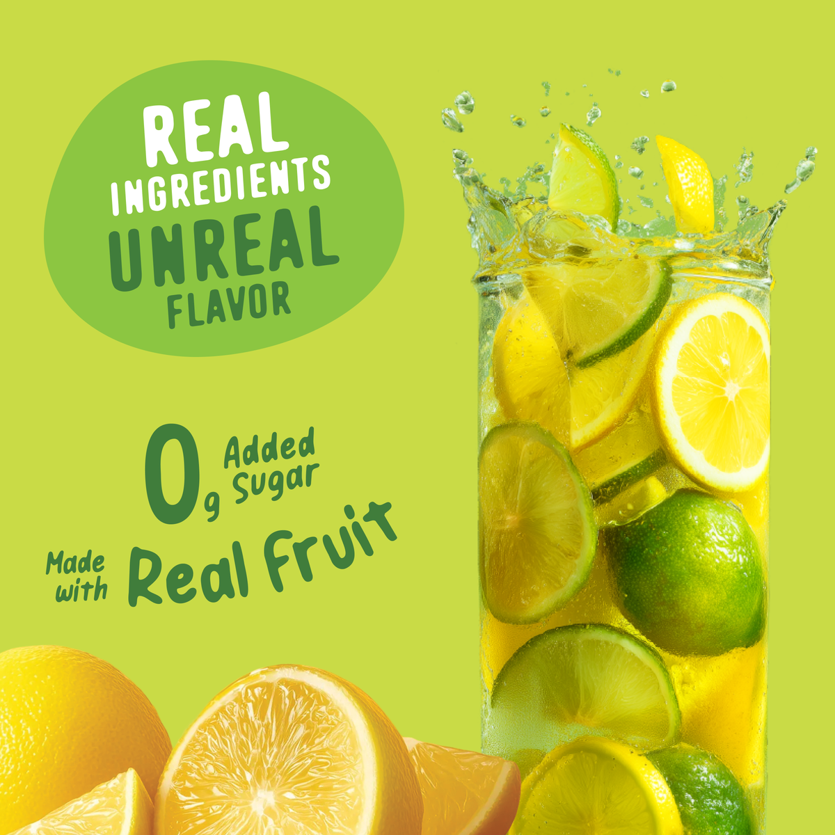 A tall glass of Shop FlavCity Lemon Lime Electrolyte Mix splashes with liquid, surrounded by lemon and lime slices, with text reading Real ingredients, unreal flavor, 0g added sugar, and made with real fruit.