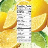 Nutrition facts label for Lemon Lime Electrolyte Mix by Shop FlavCity, centered over a background of sliced lemons and limes.