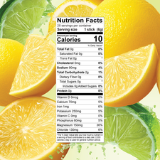 Nutrition facts label for Lemon Lime Electrolyte Mix by Shop FlavCity, centered over a background of sliced lemons and limes.