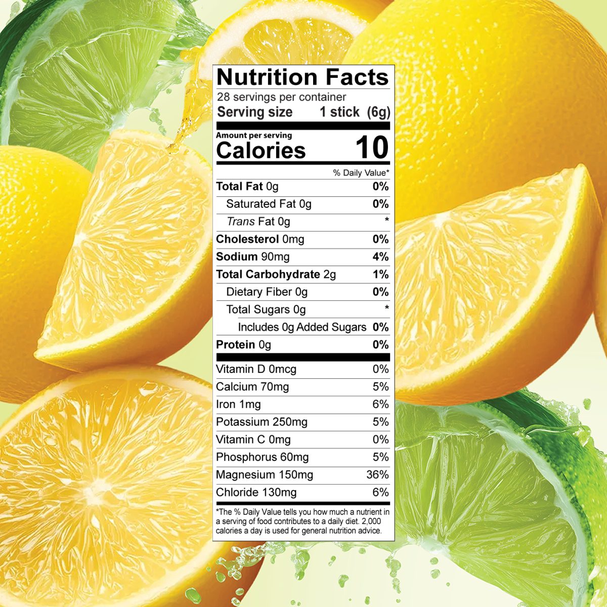 Nutrition facts label for Lemon Lime Electrolyte Mix by Shop FlavCity, centered over a background of sliced lemons and limes.