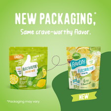 A promotional graphic showing a Shop FlavCity Lemon Lime Electrolyte Mix pouch transitioning into an updated bag design featuring lemon and lime imagery, with the text New packaging, same crave-worthy flavor.