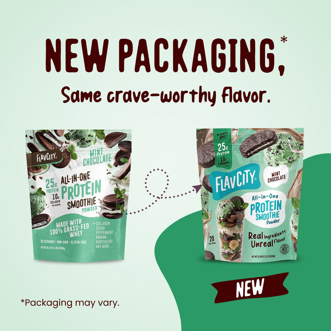 Two packages of FlavCity Mint Chocolate Protein Smoothie powder shown before and after a packaging redesign, highlighting the grass-fed whey formula.