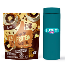 A bag of FlavCity Cafe Morning Ritual Butter Coffee Protein Smoothie Powder featuring 25g protein, 10g collagen, and coffee flavor stands beside a turquoise FlavCity Cafe Hot Tumbler.