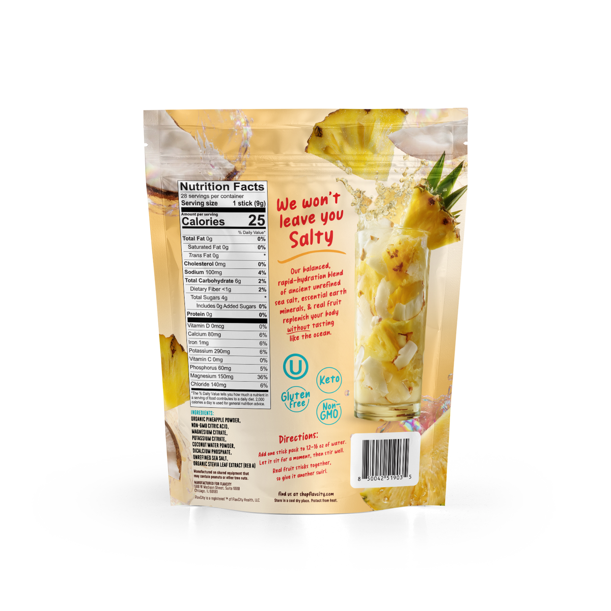 A pouch of Shop FlavCity Pineapple Coconut Electrolyte Mix showing nutrition facts, ingredients, and directions alongside pineapple slices and coconut chunks.