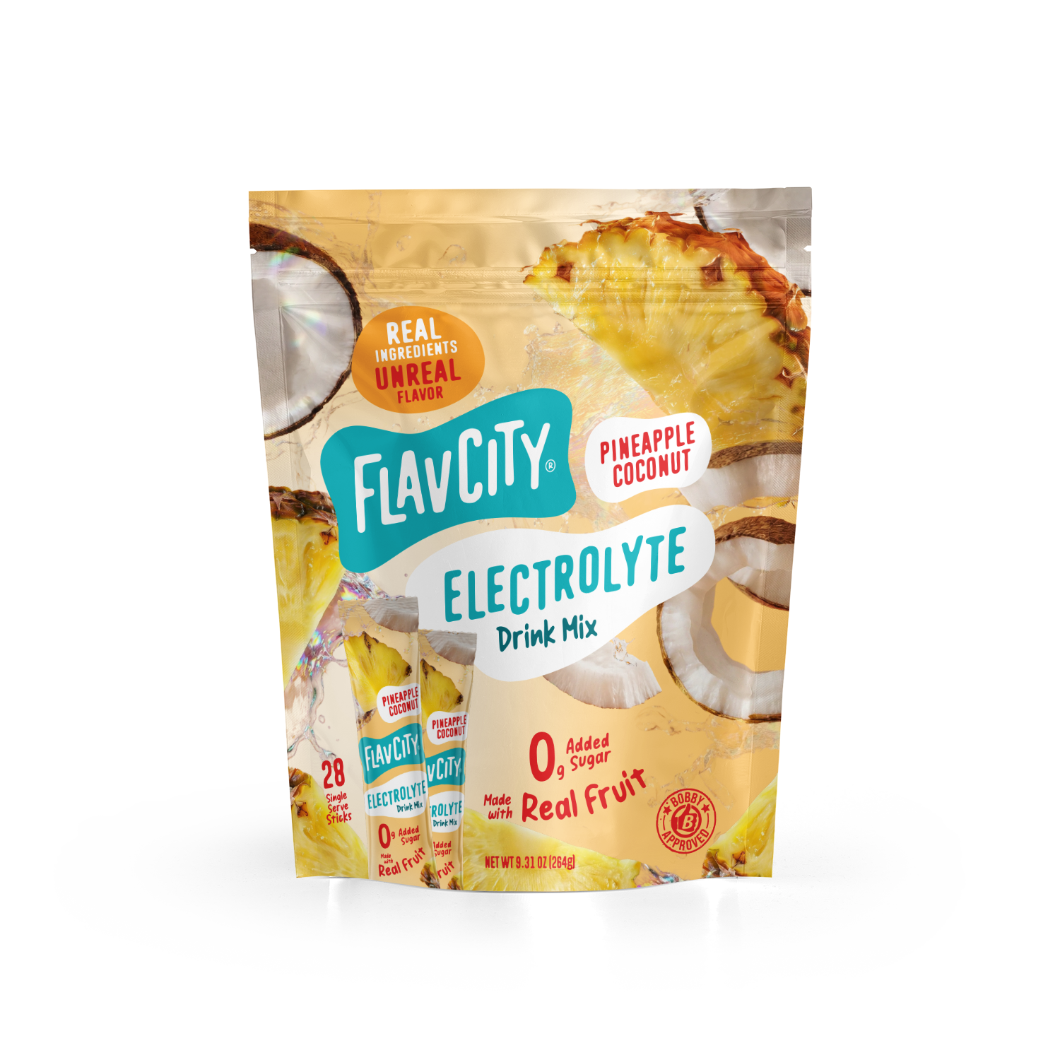 A bag of Shop FlavCity Pineapple Coconut Electrolyte Mix featuring illustrations of pineapple slices and coconut on the packaging.