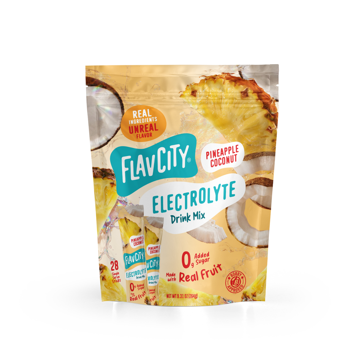 A bag of Shop FlavCity Pineapple Coconut Electrolyte Mix featuring illustrations of pineapple slices and coconut on the packaging.