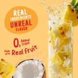 A glass of Pineapple Coconut Electrolyte Mix splashing next to a halved coconut and pineapple slice, with text reading Real ingredients, unreal flavor and 0g added sugar, made with real fruit.