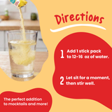 A stick pack of FlavCity Pineapple Coconut Electrolyte Mix pouring yellow powder into a glass of water, with instructions to add one pack to 12-16 ounces of water, let sit, and stir for optimal hydration.