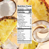 Shop FlavCity Pineapple Coconut Electrolyte Mix nutrition facts label surrounded by fresh pineapple slices and coconut pieces with splashing water, highlighting real fruit electrolytes for hydration.