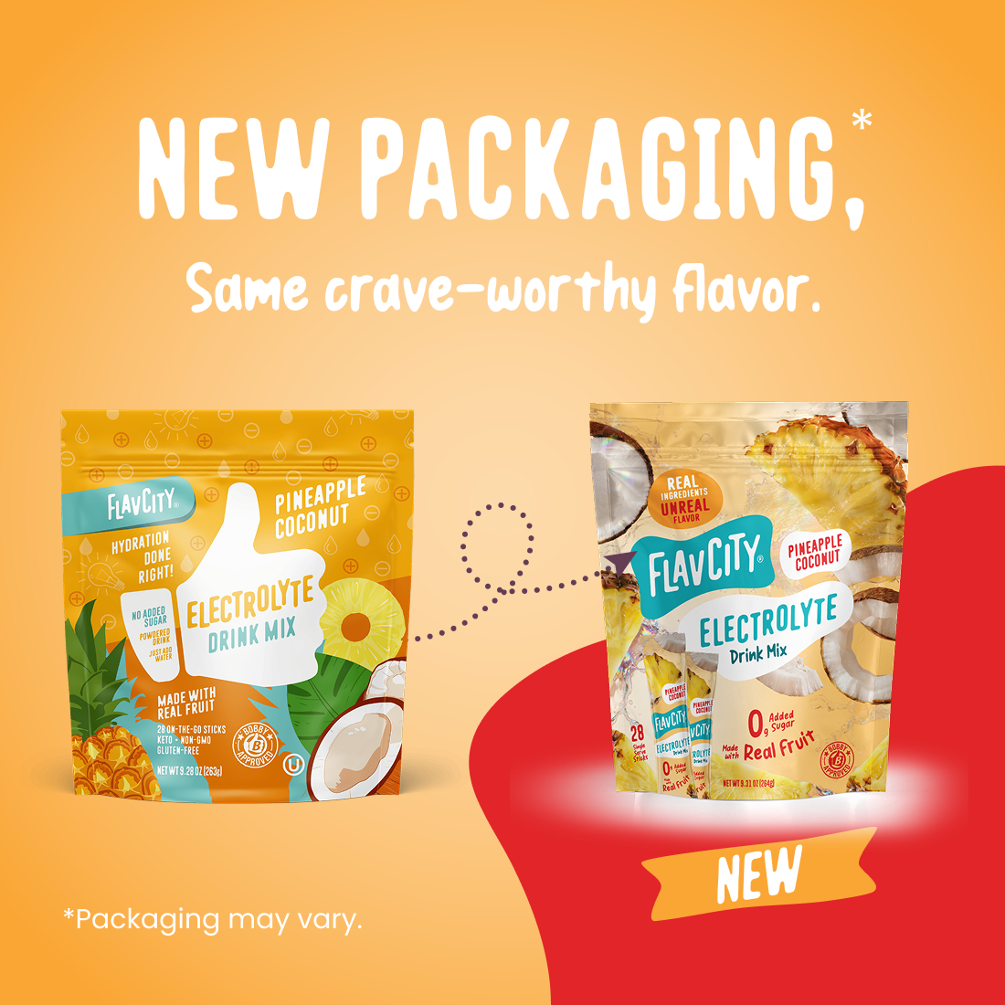 Two pouches of Pineapple Coconut Electrolyte Mix by Shop FlavCity, displaying both the old and new package designs.