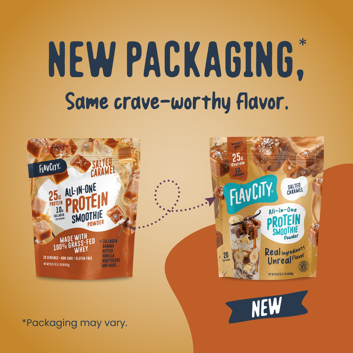 Two bags of FlavCity Salted Caramel Protein Smoothie are shown, with an arrow indicating the transition from the old package on the left to the updated grass-fed whey package on the right, which features an image of a smoothie in a glass.