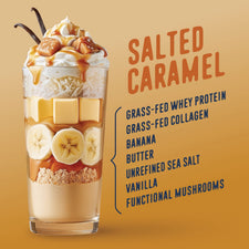 A tall glass of Shop FlavCity’s Salted Caramel Protein Smoothie—made with grass-fed whey protein and topped with whipped cream, caramel drizzle, banana slices, butter, and coconut flakes—sits beside an ingredient list on a caramel-colored background.